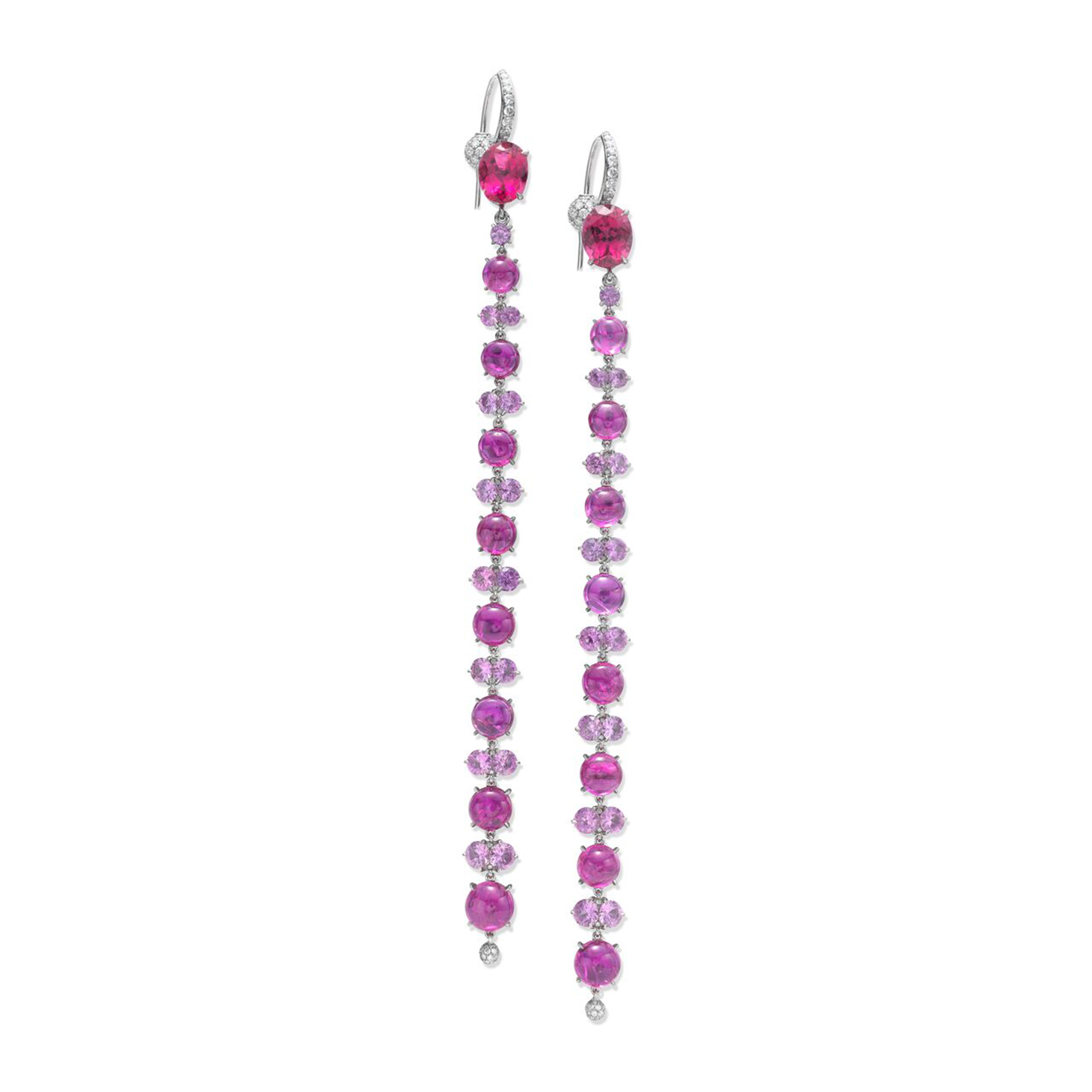 A Pair of Ruby, Tourmaline, Pink Sapphire and Diamond Ear Pendants, by SABBA