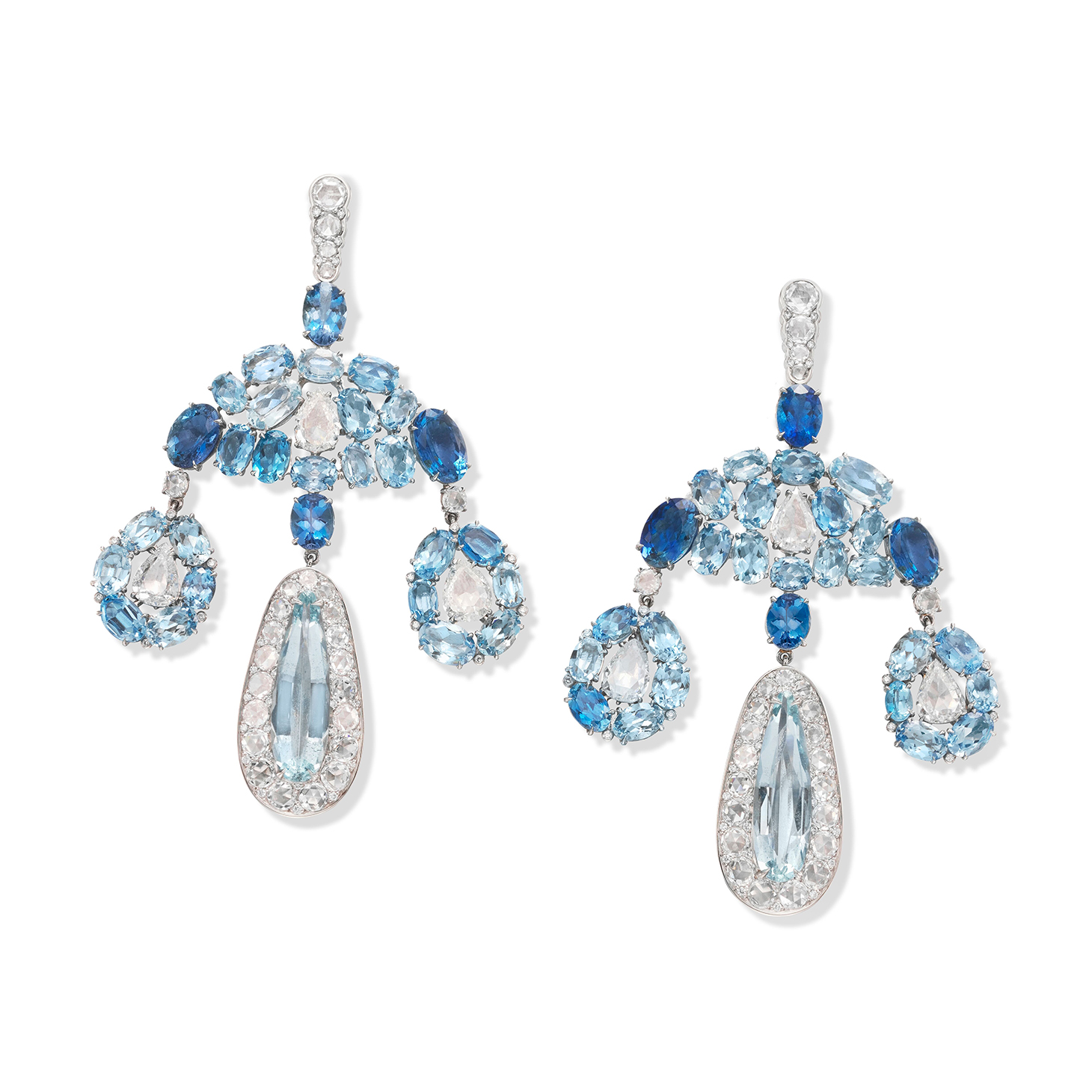 A Pair of Aquamarine and Diamond Girandole Ear Pendants, by SABBA