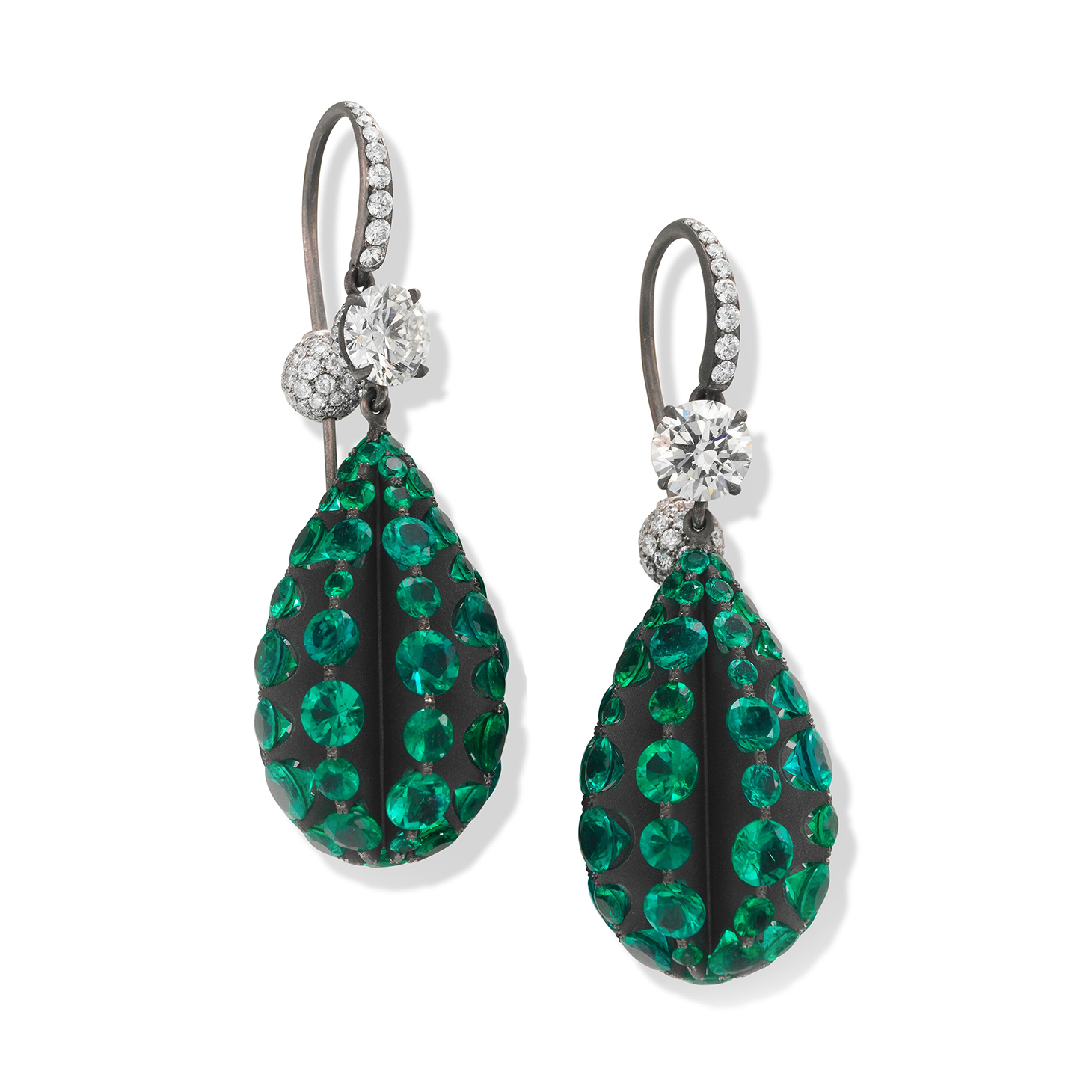 A Pair of Emerald, Diamond and Titanium Earrings, by SABBA