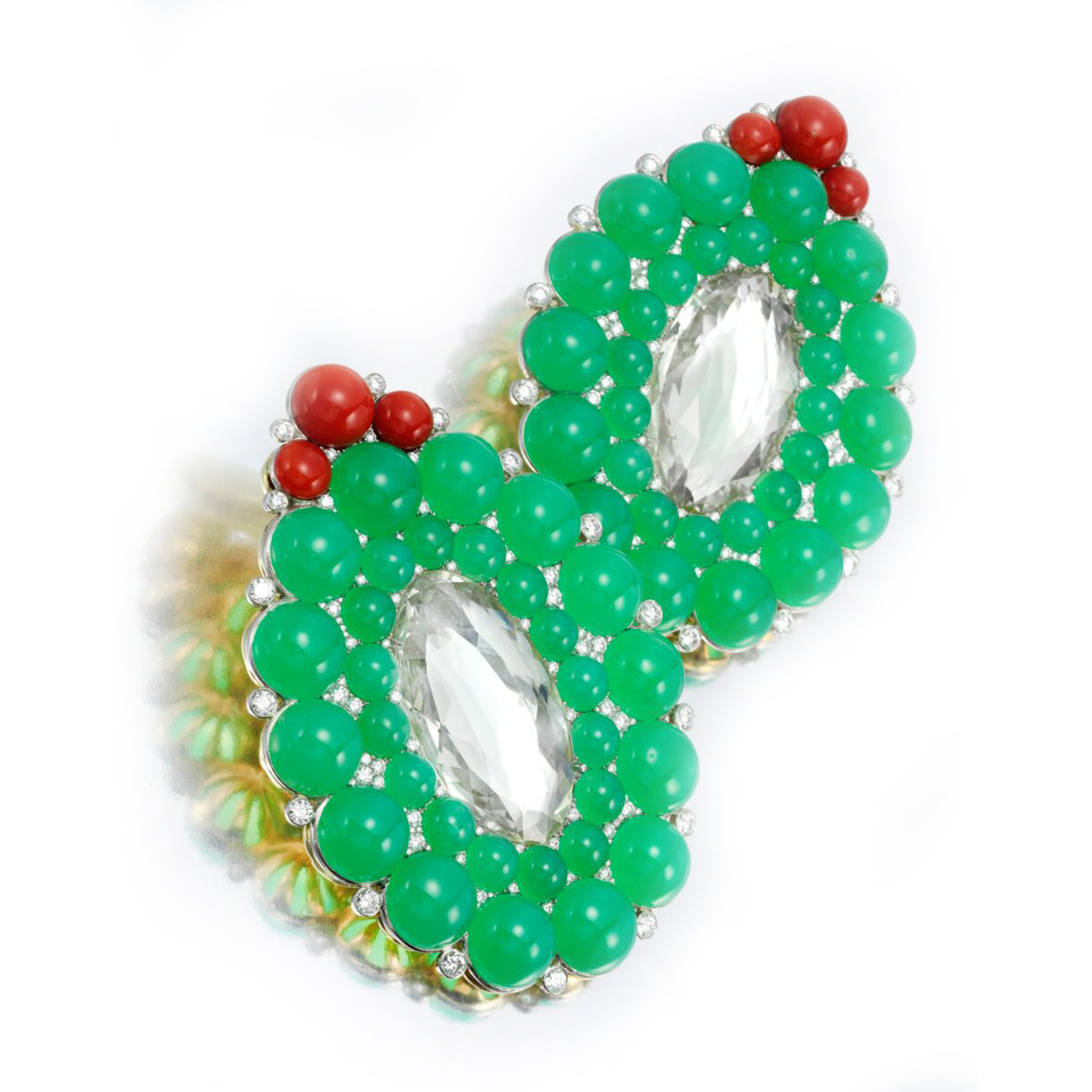 A Pair of Chrysoberyl, Coral and Chrysoprase Ear Clips, by SABBA