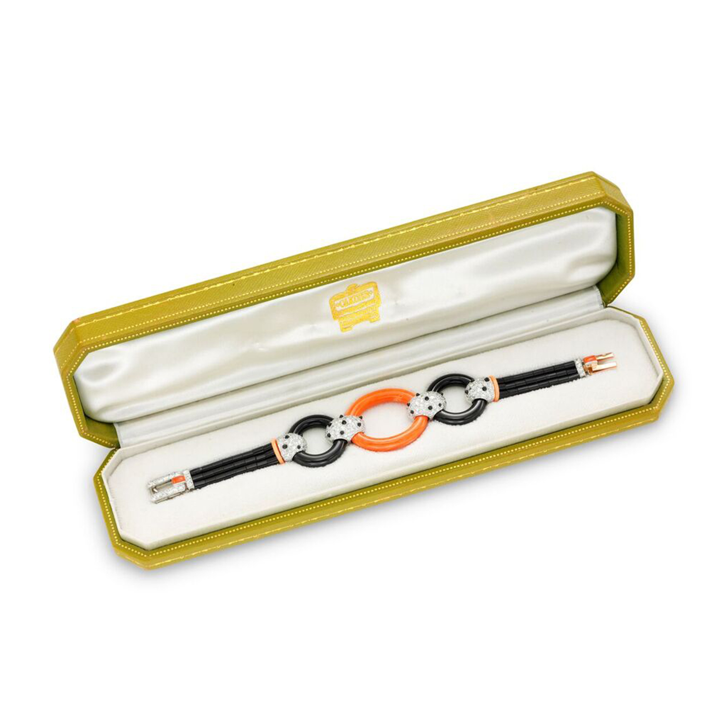 An Art Deco Coral, Onyx and Diamond Bracelet, by Cartier, circa 1920