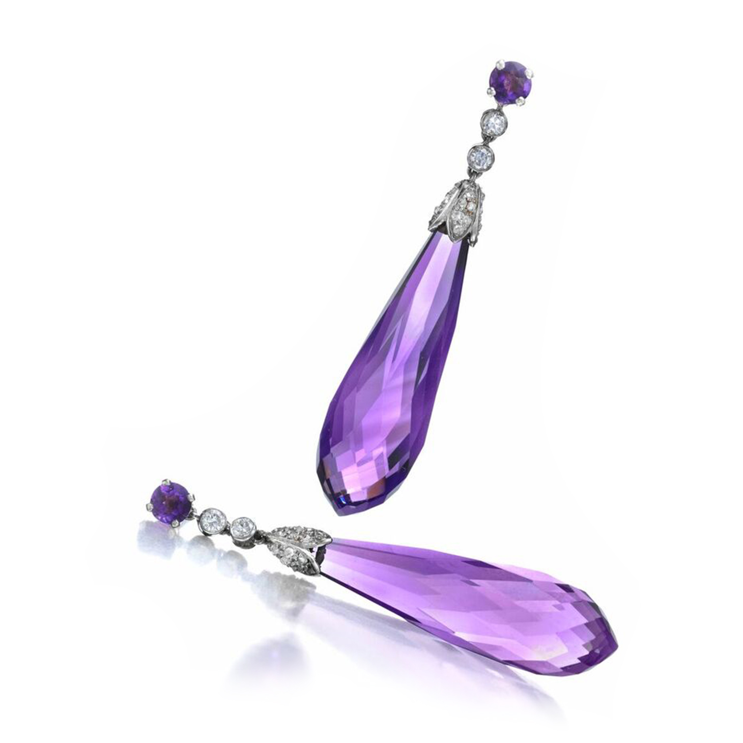 A Pair of Art Deco Amethyst and Diamond Ear Pendants, by Cartier, circa 1925