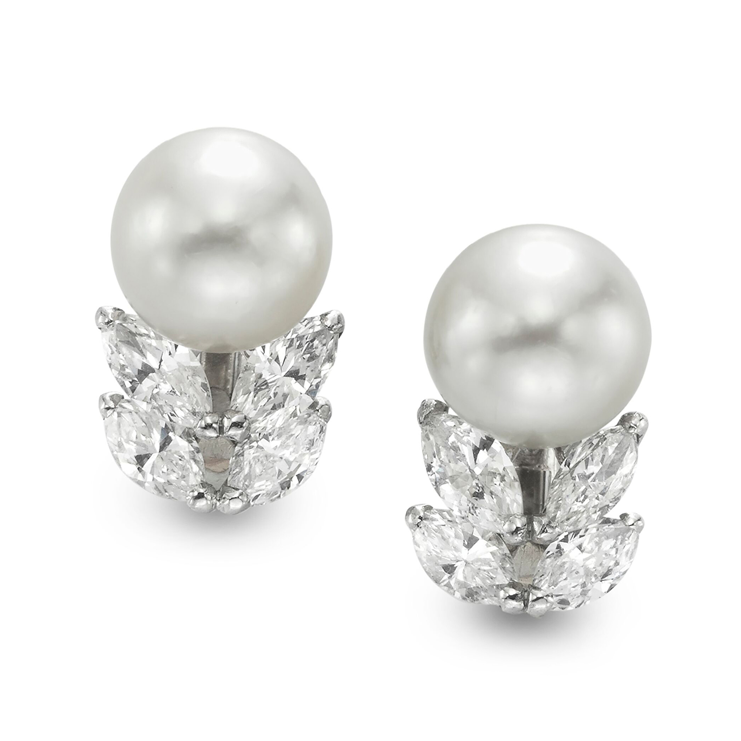 A Pair of Natural Pearl and Diamond Ear clips, by Cartier, circa 1950
