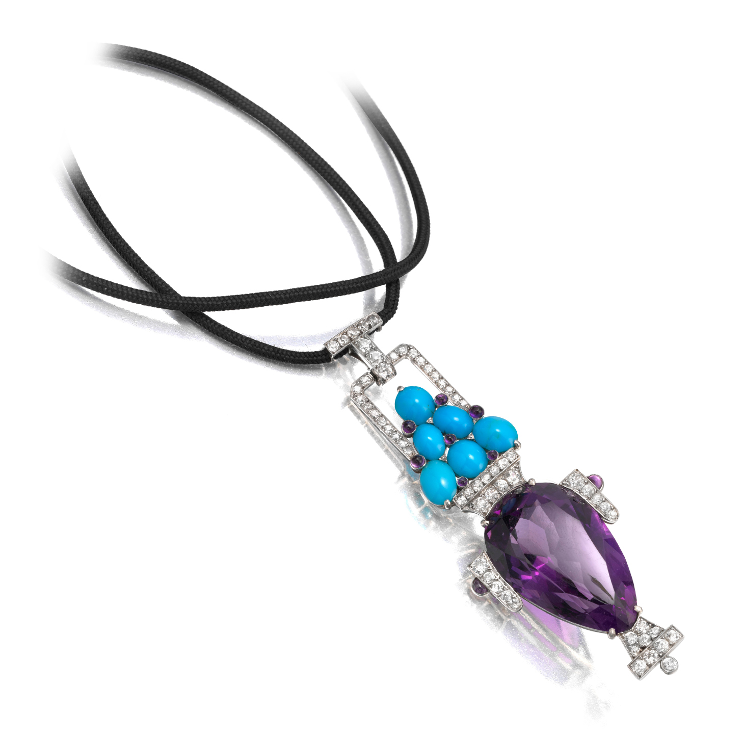 An Important Art Deco Turquoise, Amethyst and Diamond Pendant, by Cartier, circa 1915