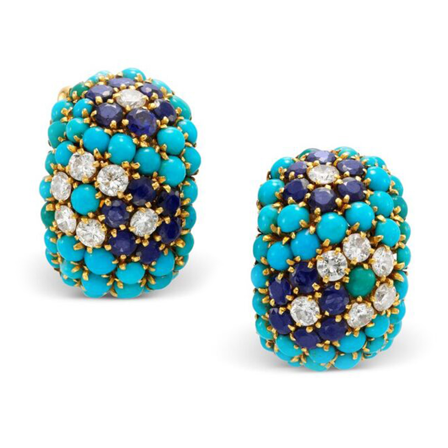 A Pair of Turquoise, Sapphire and Diamond Ear Clips, by Van Cleef & Arpels, circa 1960