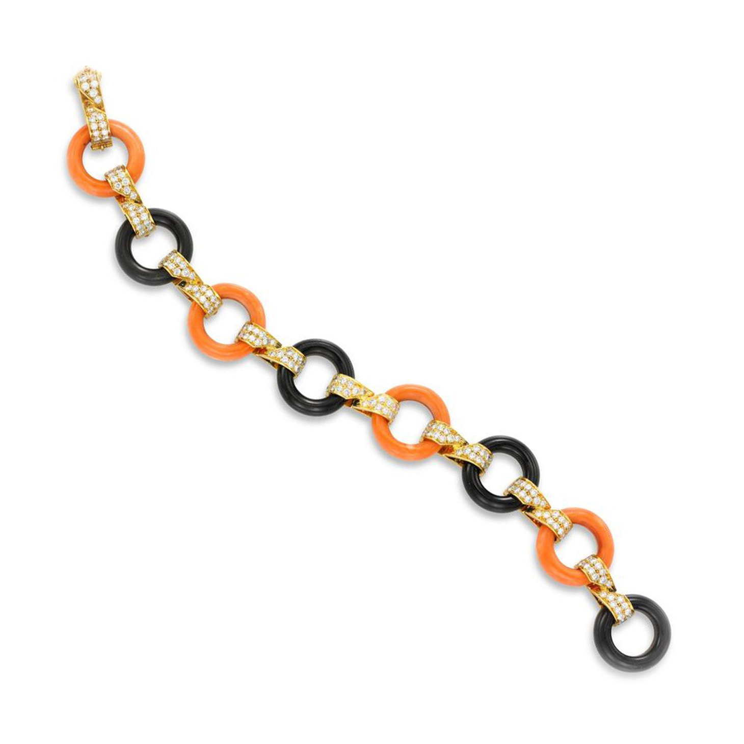 A Coral, Onyx and Diamond Bracelet, by Bulgari, circa 1960