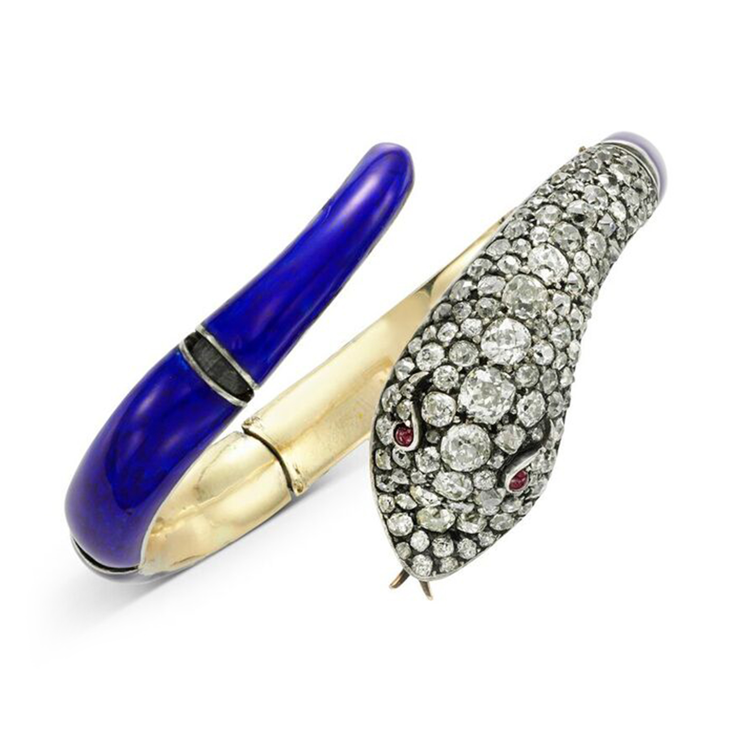 A 19th Century Diamond, Ruby and Enamel Snake Bracelet