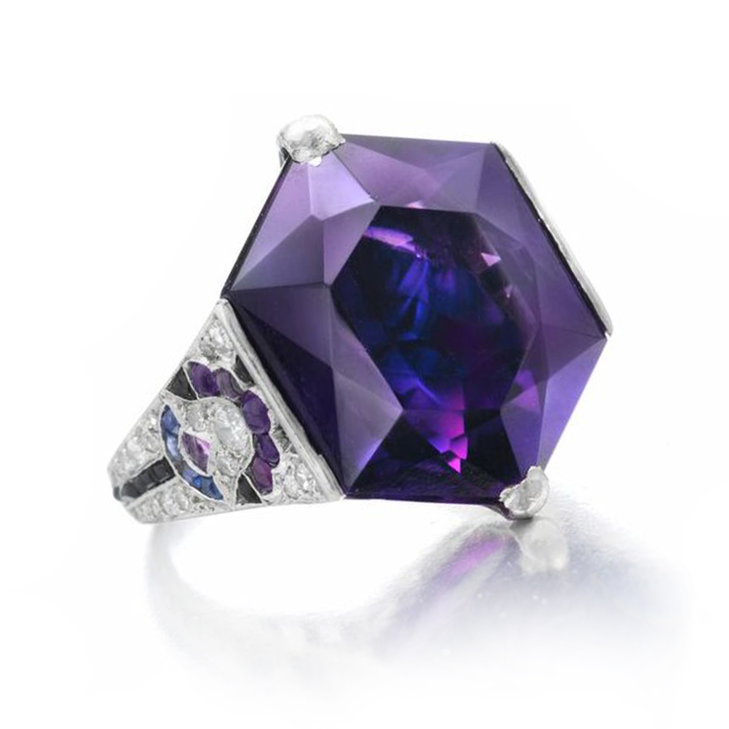 An Egyptian Revival Amethyst, Sapphire and Onyx Ring, circa 1925, by Mauboussin