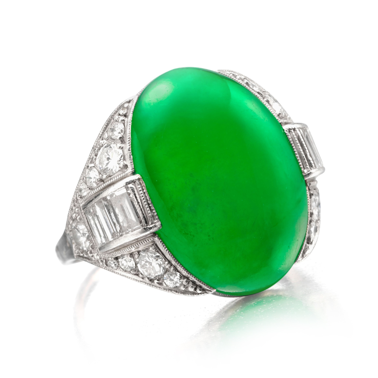 An Art Deco Burmese Jade and Diamond Ring, circa 1925