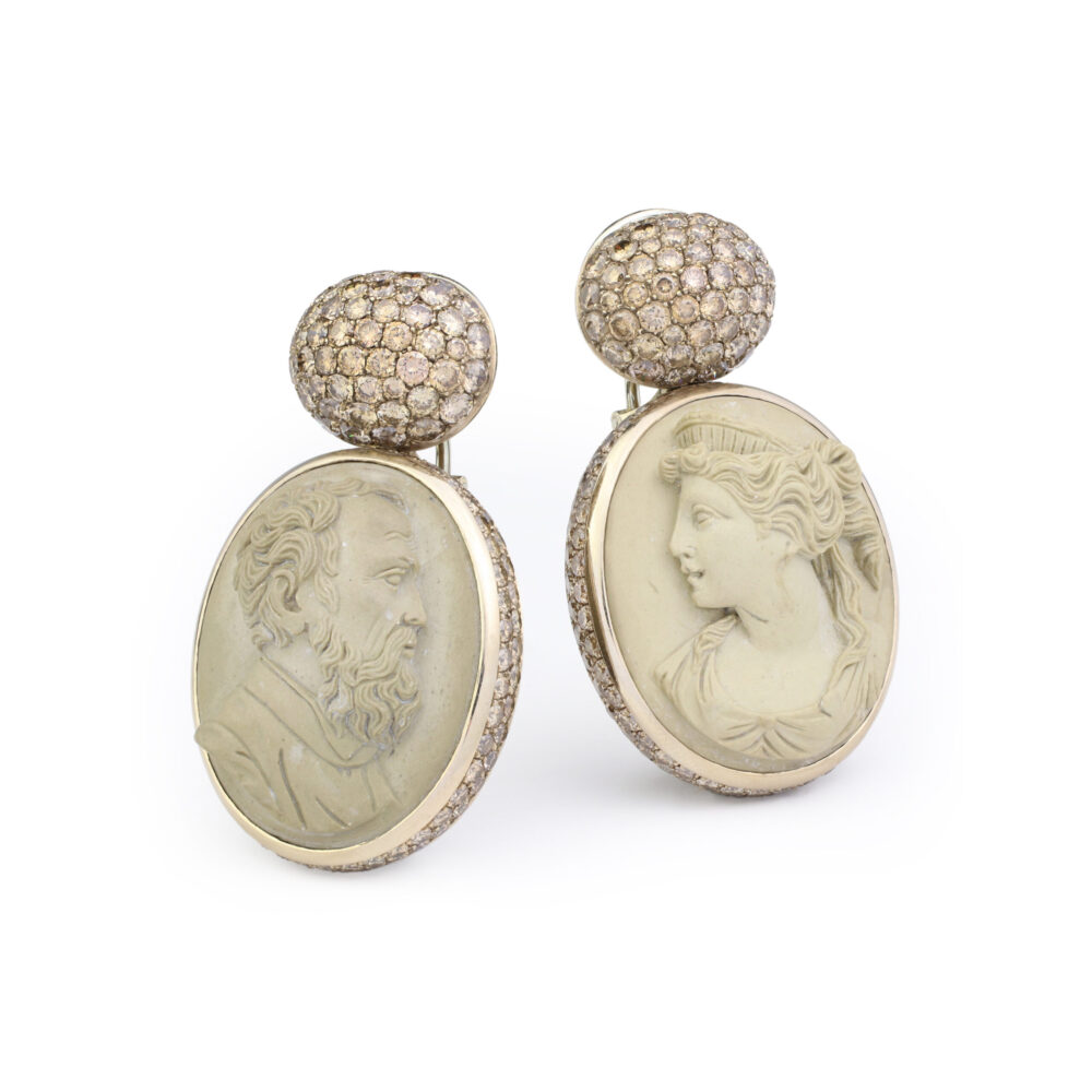 Hemmerle Lava Cameo and Colored Diamond Ear Pendants