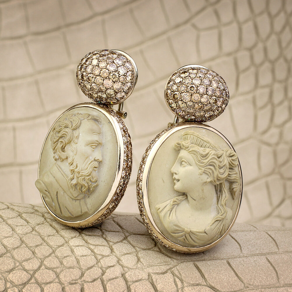 Hemmerle Lava Cameo and Colored Diamond Ear Pendants