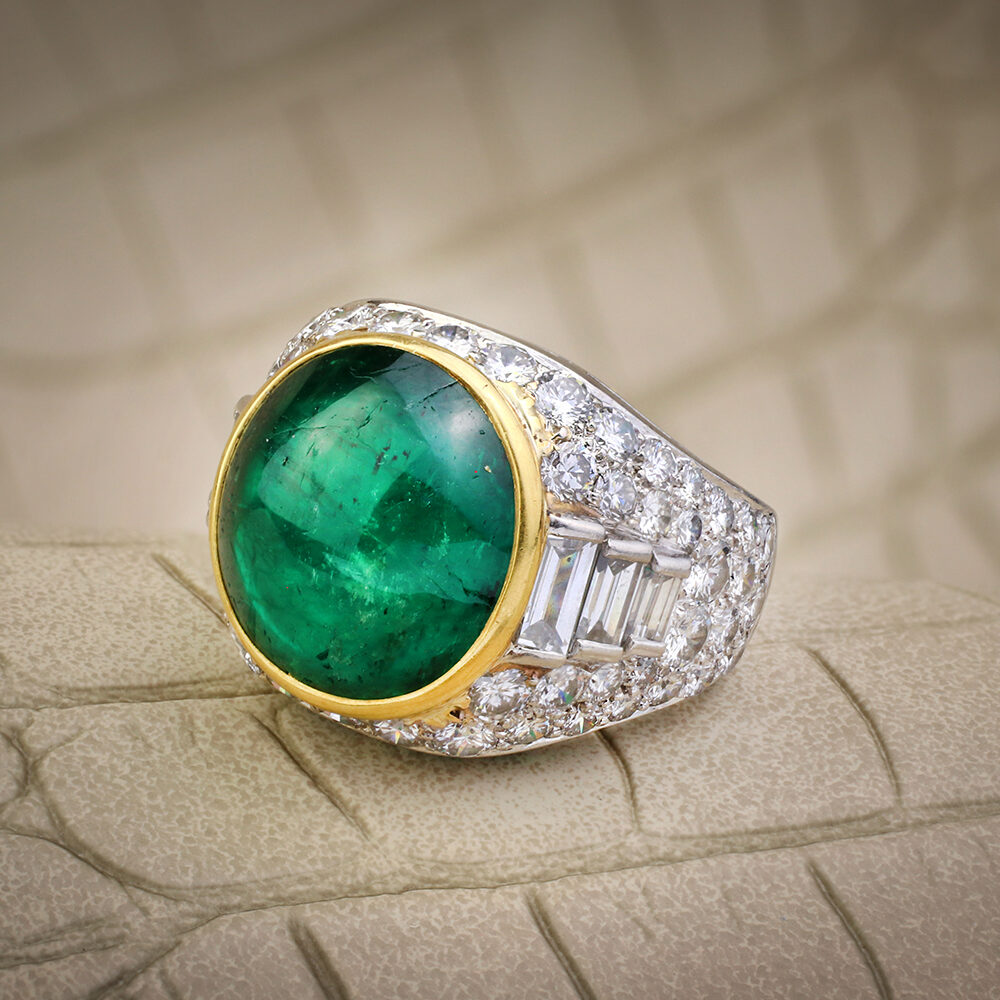 Bulgari ‘Trombino’ Cabochon Emerald and Diamond Ring