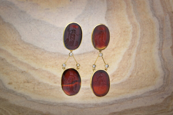 Carnelian Intaglio And Diamond Earrings