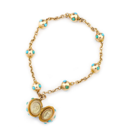 Antique Turquoise and Gold Locket Charm Bracelet