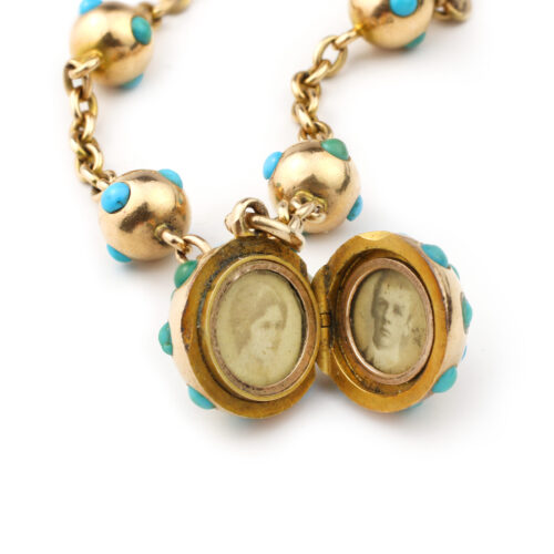 Antique Turquoise and Gold Locket Charm Bracelet