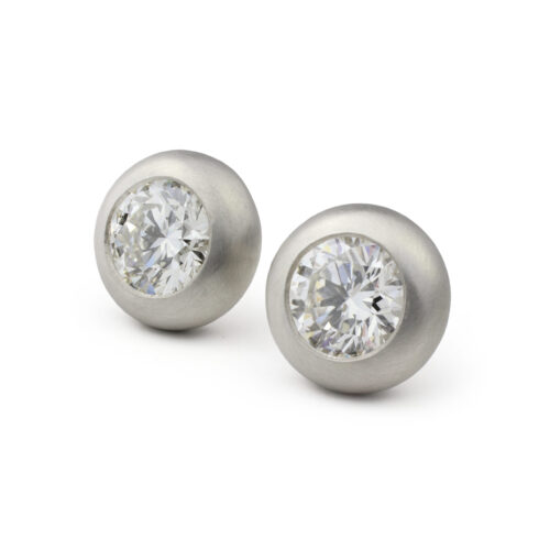 Round Diamond and Brushed Platinum Stud Earrings