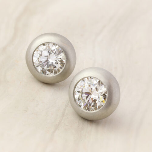 Round Diamond and Brushed Platinum Stud Earrings