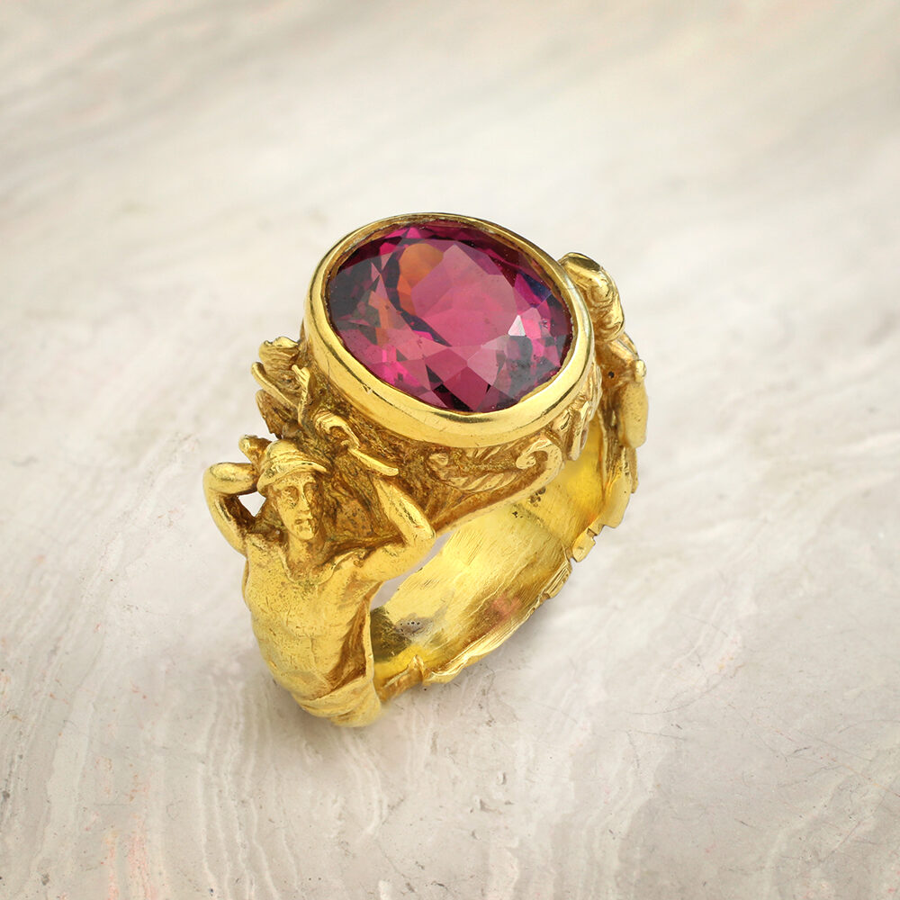 Classical Revival Garnet and 18k Gold Ring