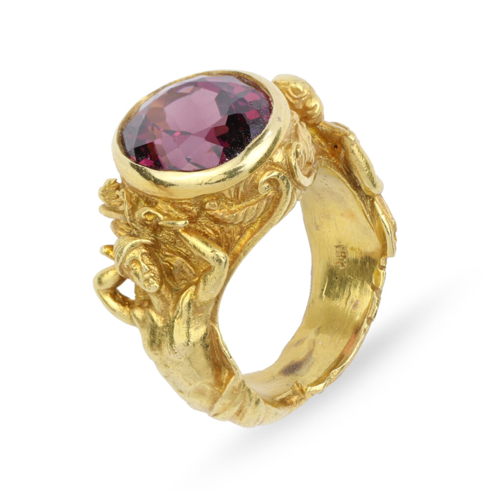 Classical Revival Garnet and 18k Gold Ring