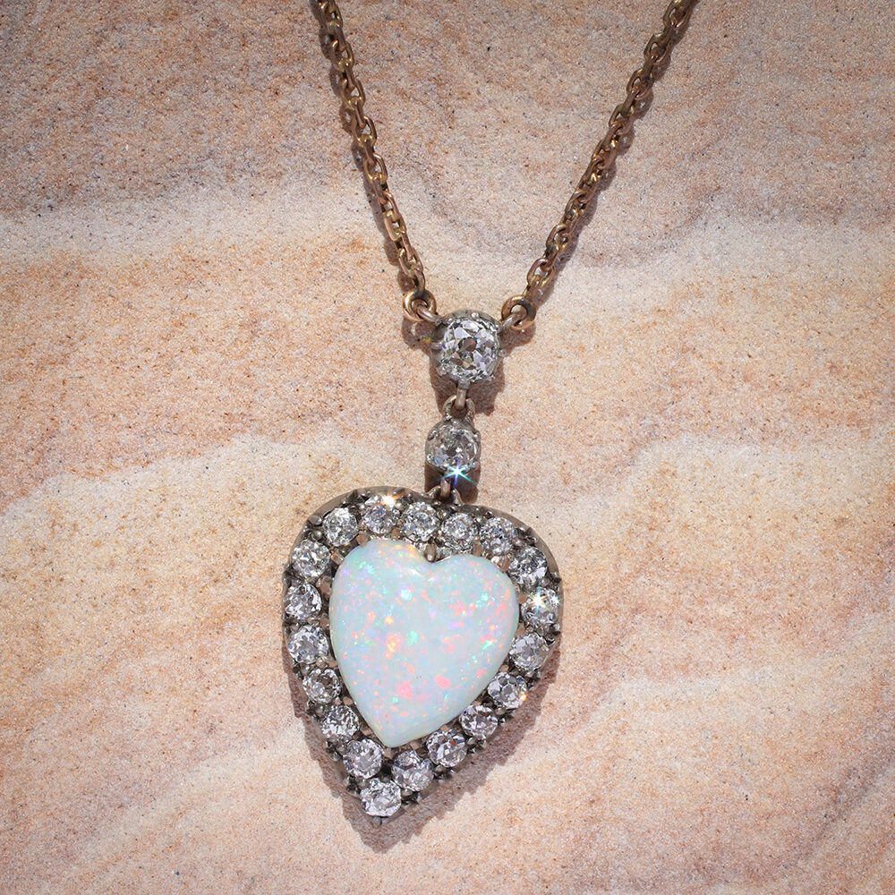 Antique Opal and Diamond Heart Pendant Necklace