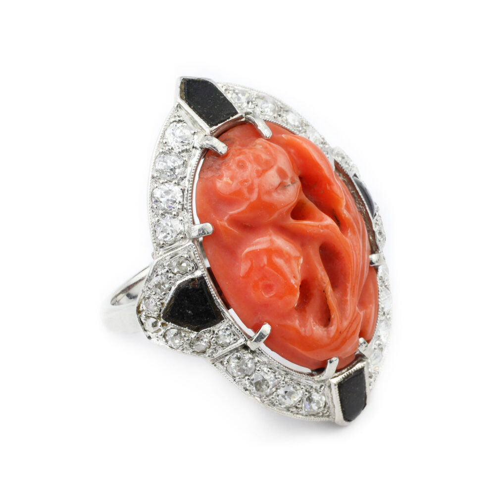 Art Deco Carved Coral, Onyx and Diamond Ring