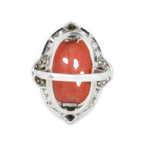 Art Deco Carved Coral, Onyx and Diamond Ring