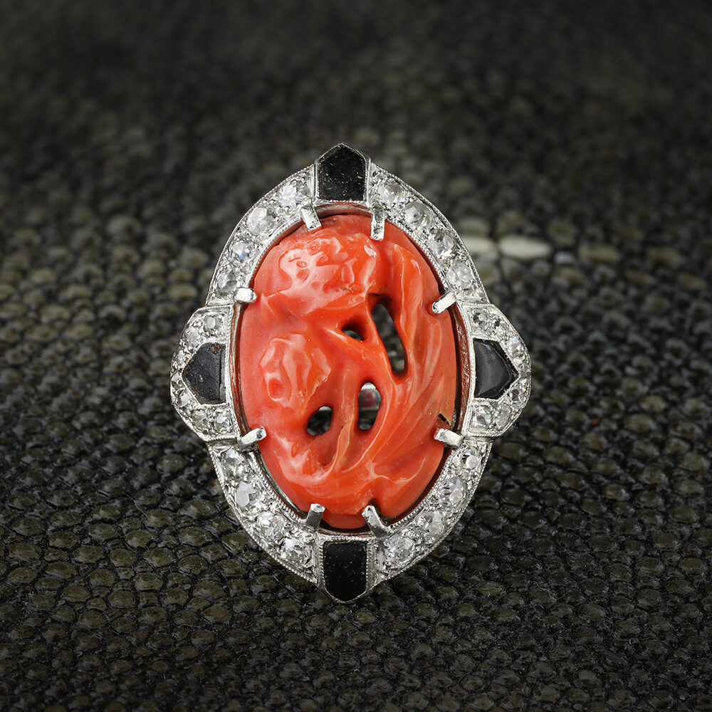Art Deco Carved Coral, Onyx and Diamond Ring