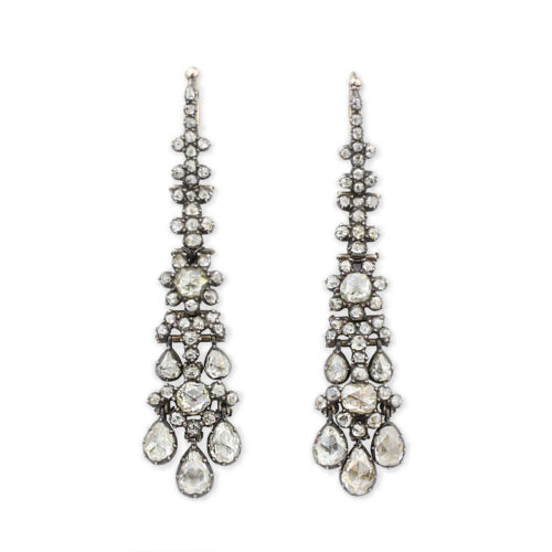 Antique Rose Cut Diamond Girandole Ear Pendants