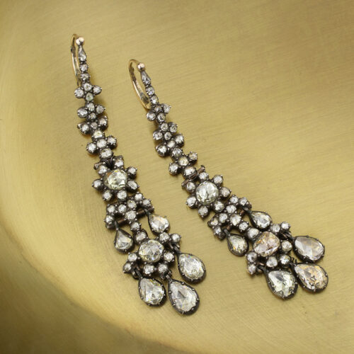 Antique Rose Cut Diamond Girandole Ear Pendants