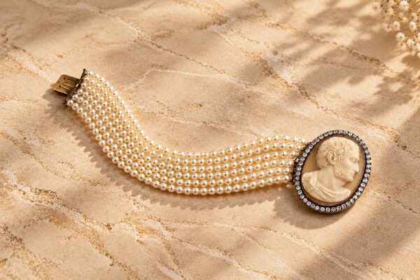 Hardstone Cameo, Diamond and Multi-strand Pearl Bracelet