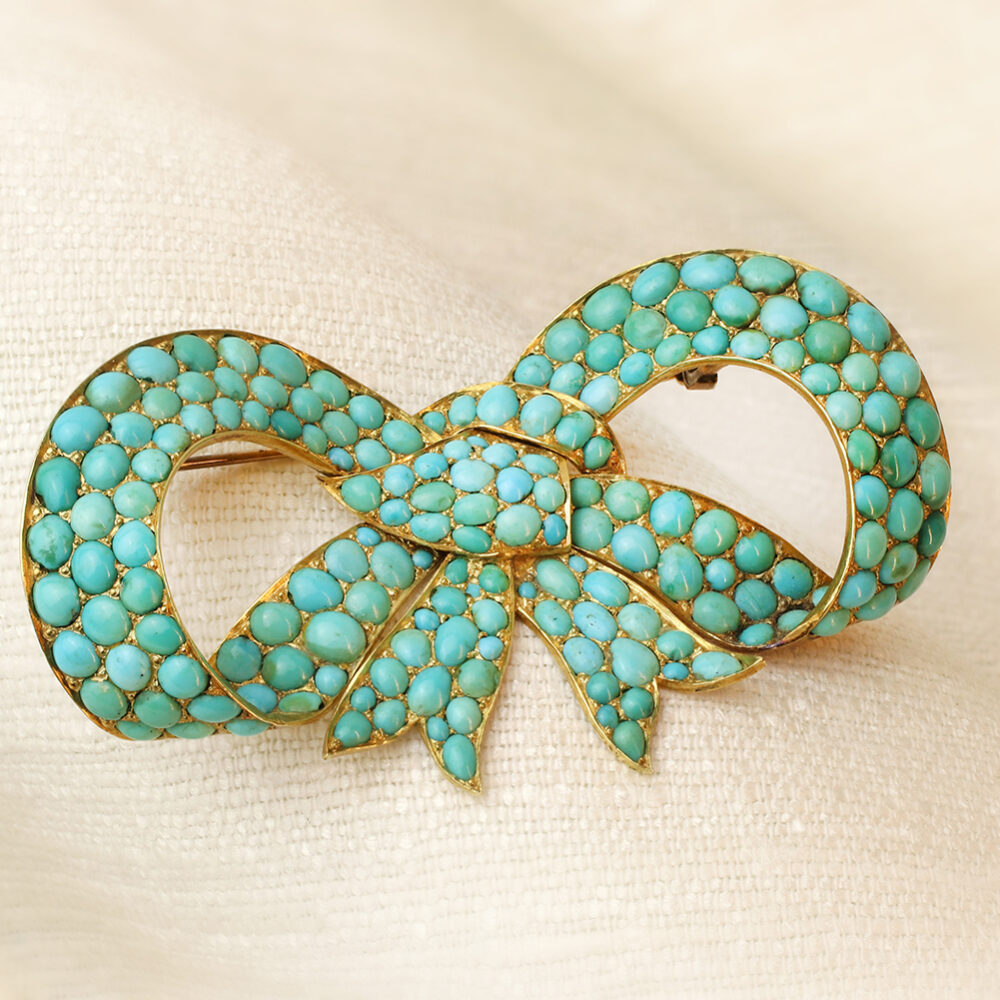 Antique Turquoise and Gold Bow Brooch