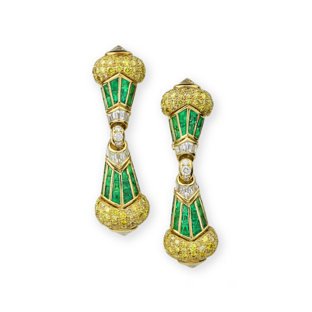 Bulgari Emerald, Diamond and Colored Diamond Ear Pendants