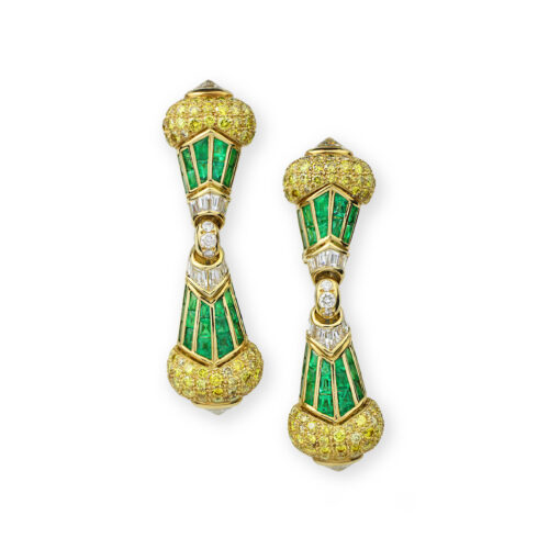 Bulgari Emerald, Diamond and Colored Diamond Ear Pendants