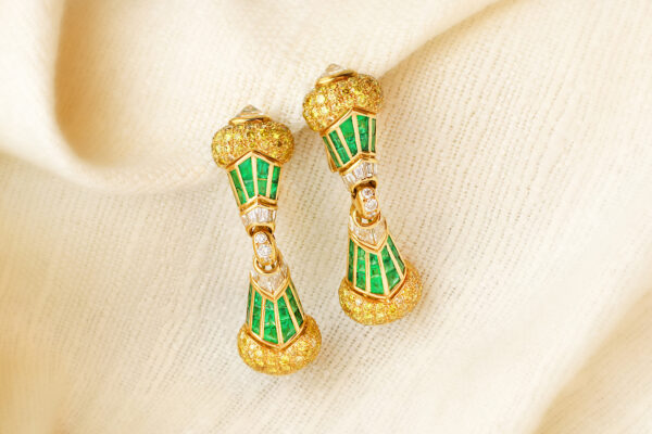 Bulgari Emerald, Diamond and Colored Diamond Ear Pendants