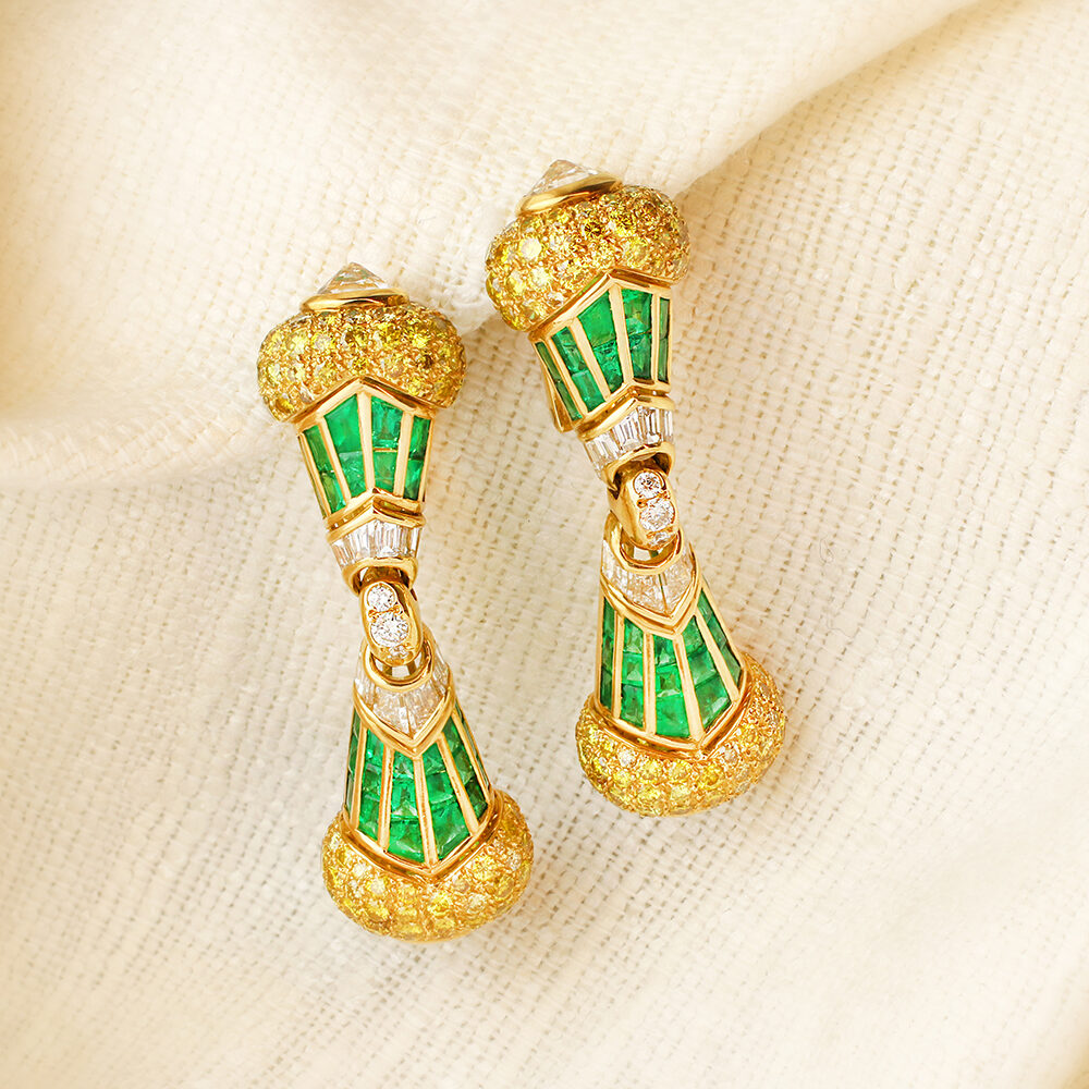 Bulgari Emerald, Diamond and Colored Diamond Ear Pendants