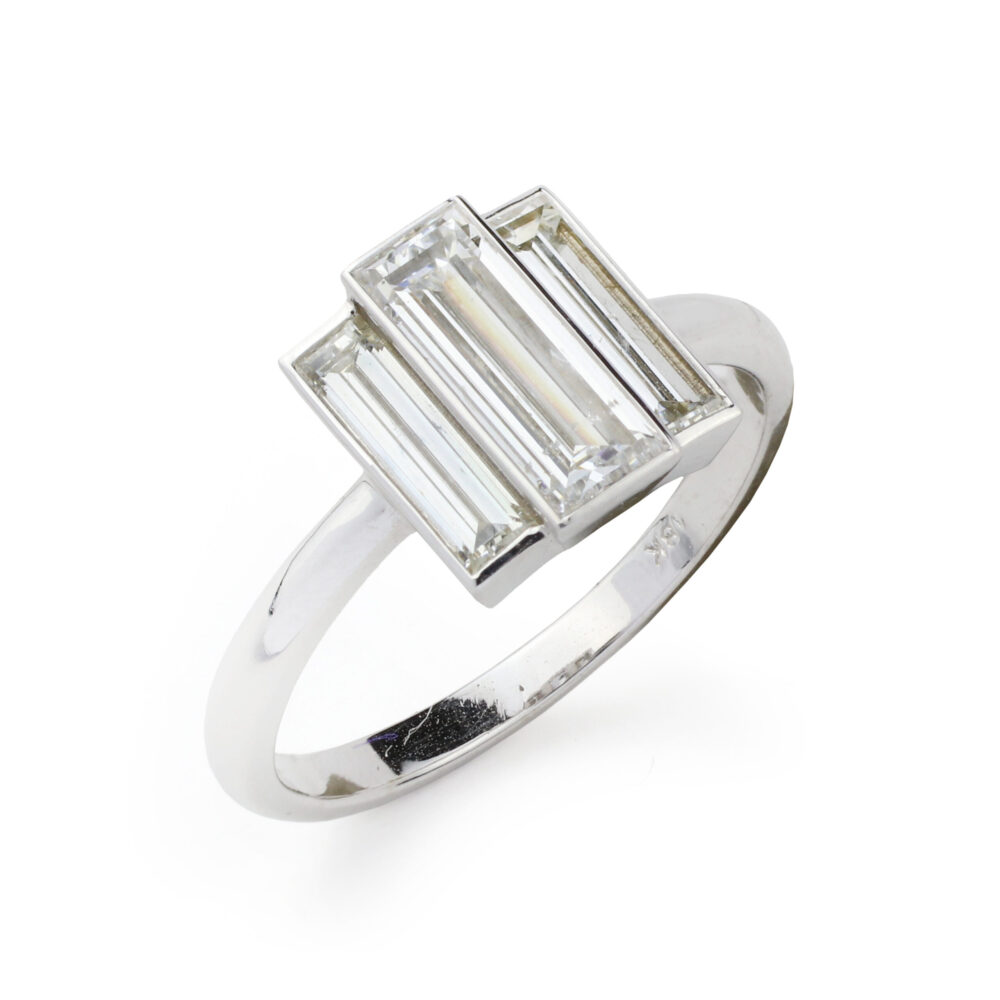 Three Stone Rectangular Step Cut Diamond Ring