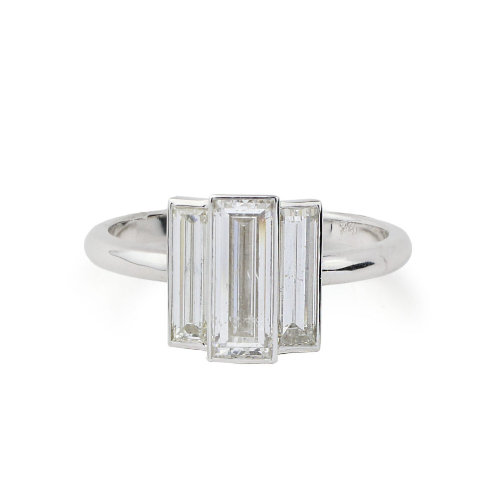 Three Stone Rectangular Step Cut Diamond Ring