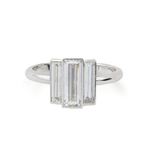 Three Stone Rectangular Step Cut Diamond Ring