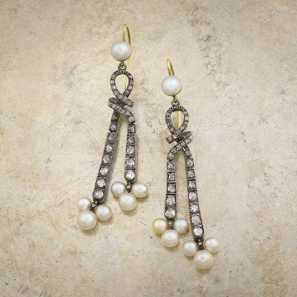 Antique Natural Pearl and Diamond Ear Pendants