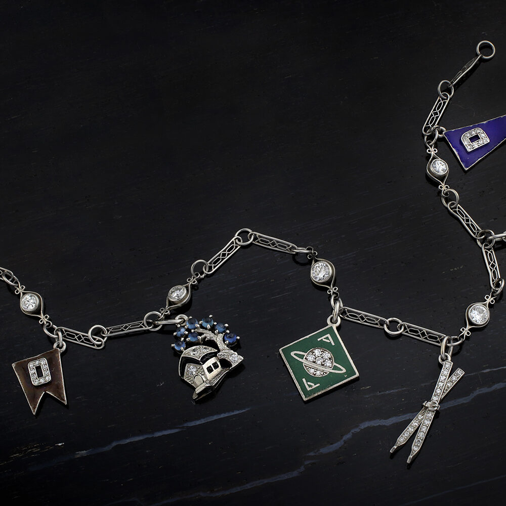 Art Deco Diamond Multi-Gem and Enamel Charm Bracelet