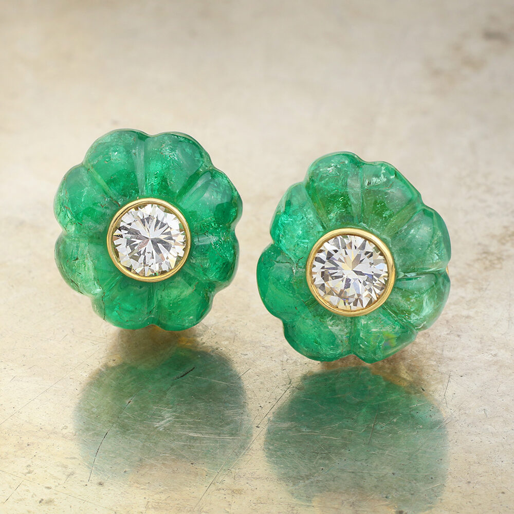 Carved Emerald and Diamond Ear Clips