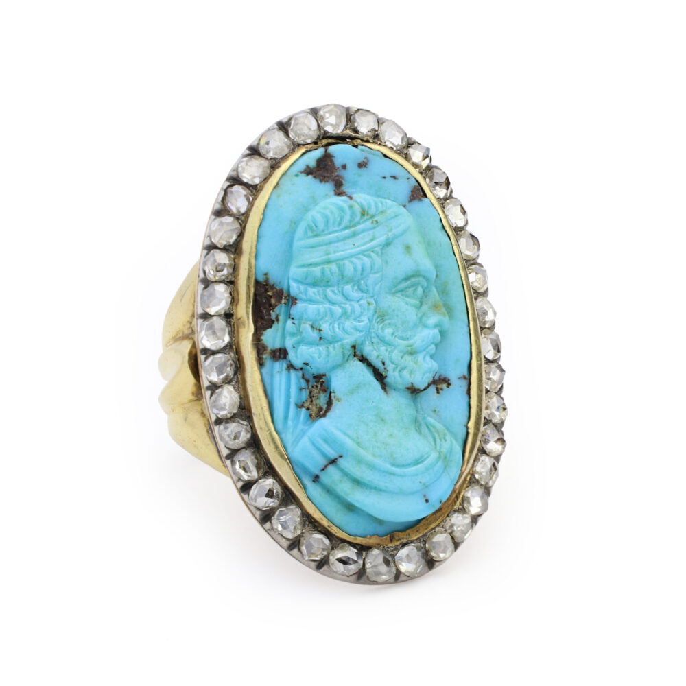 Antique Turquoise Cameo and Diamond Ring