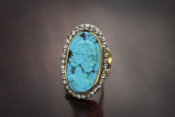 Antique Turquoise Cameo And Diamond Ring