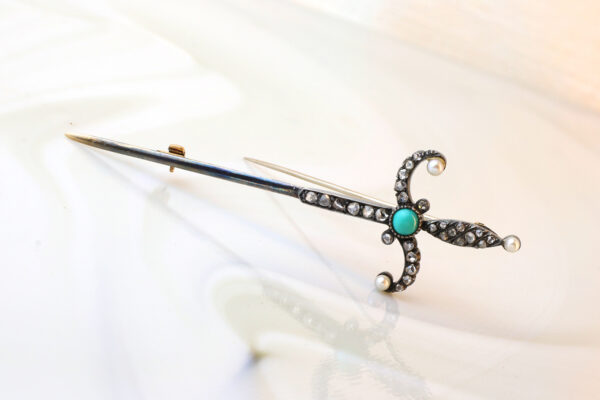 Antique Multi-Gem and Diamond Set Sword Pin Brooch