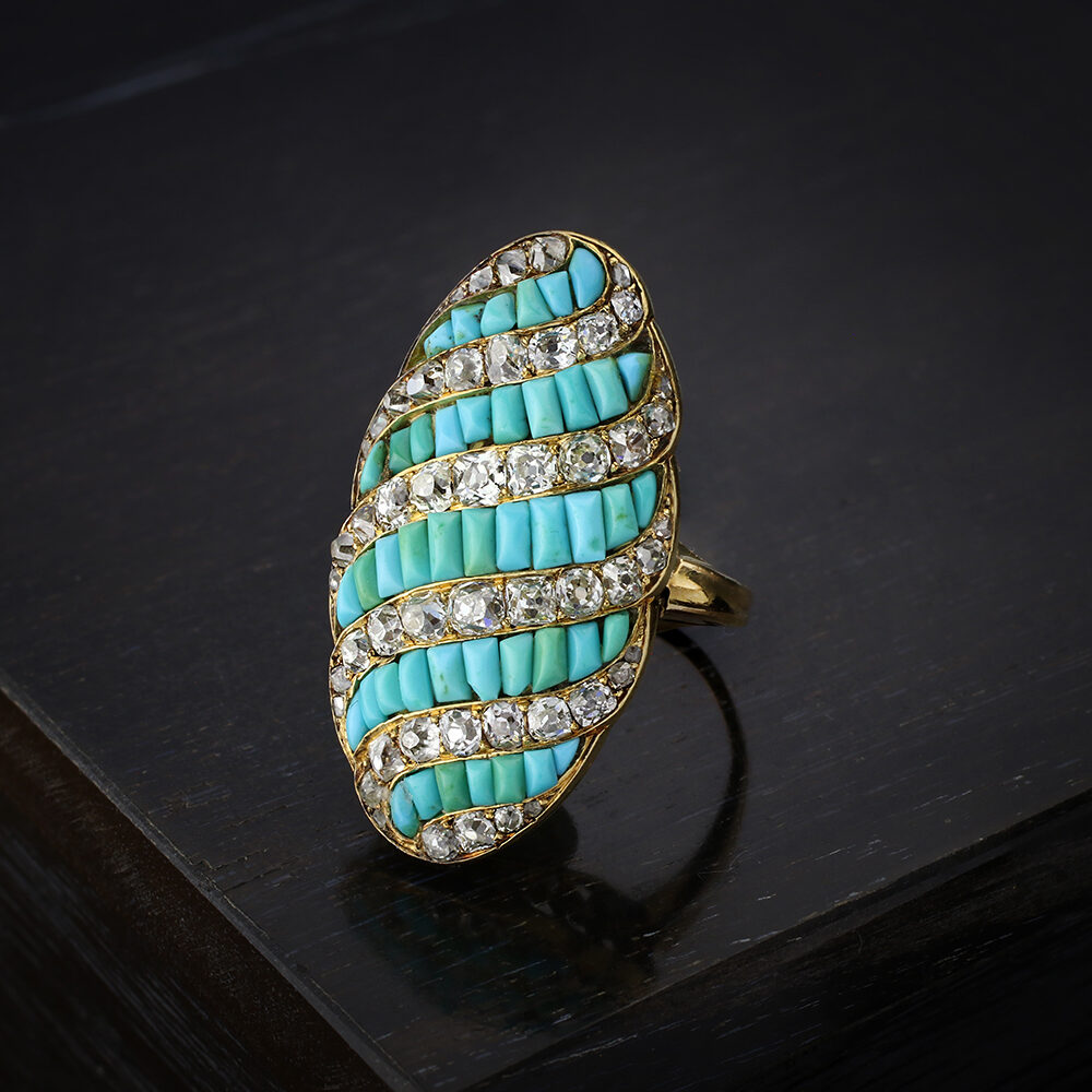 Antique Turquoise and Diamond Plaque Ring
