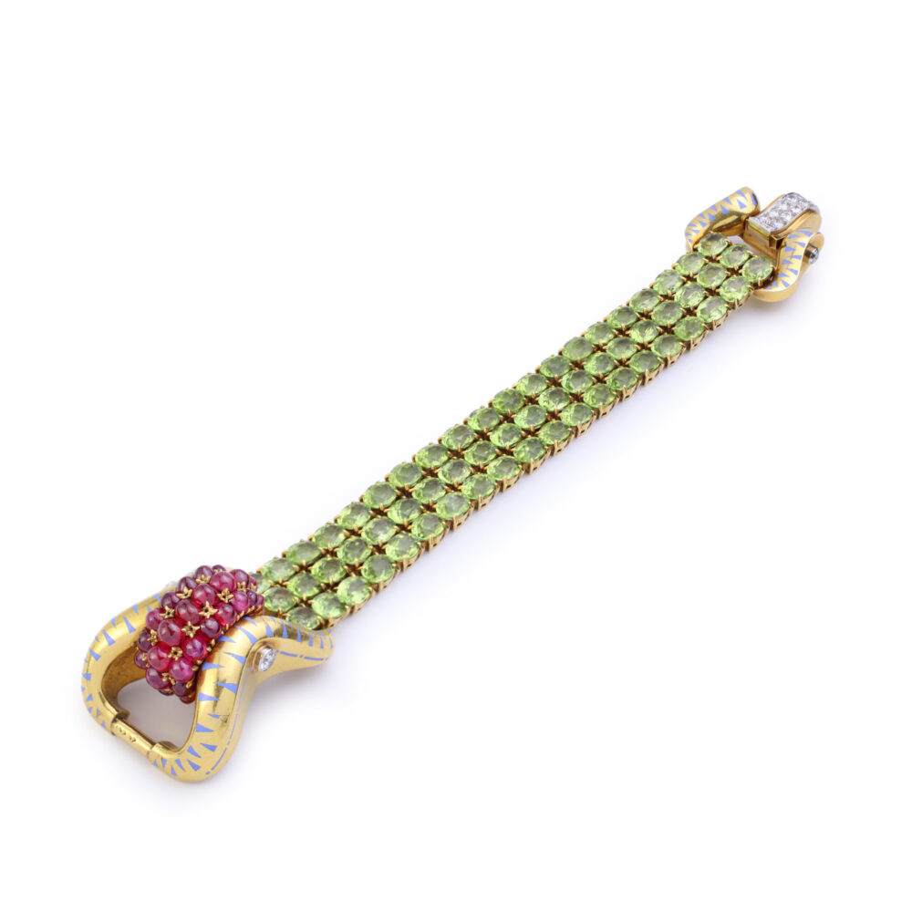 Lacloche Peridot, Ruby and Enamel Strap Bracelet