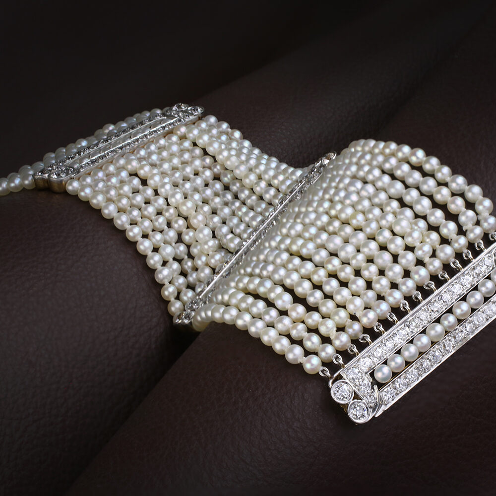 Antique Natural Pearl and Diamond Wide Bracelet