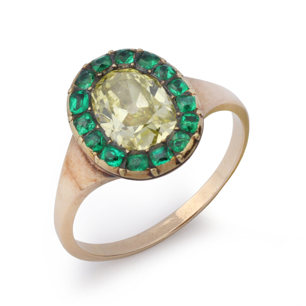 Antique Colored Diamond and Emerald Ring
