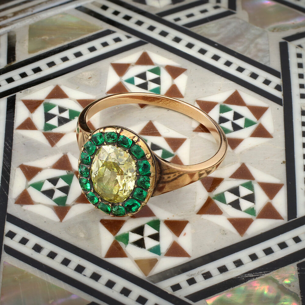 Antique Colored Diamond and Emerald Ring