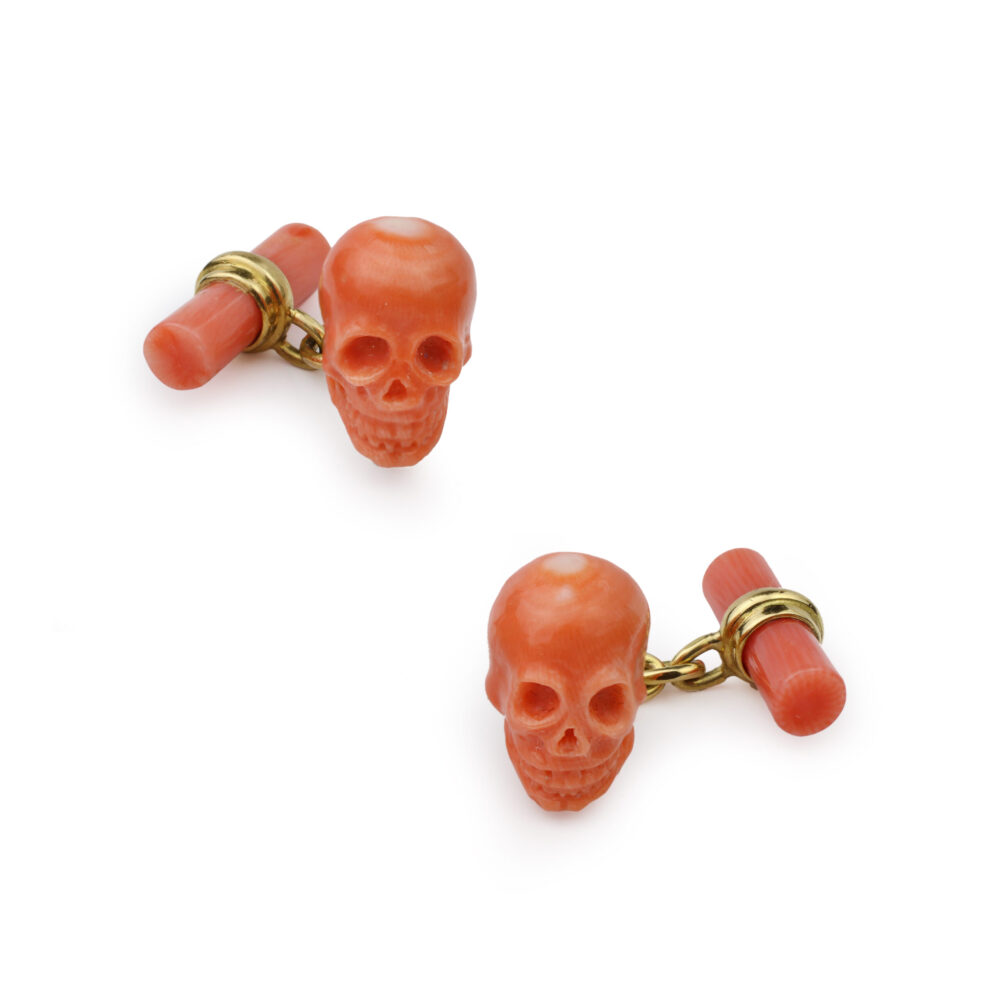 Carved Coral And Gold Skull Cufflinks